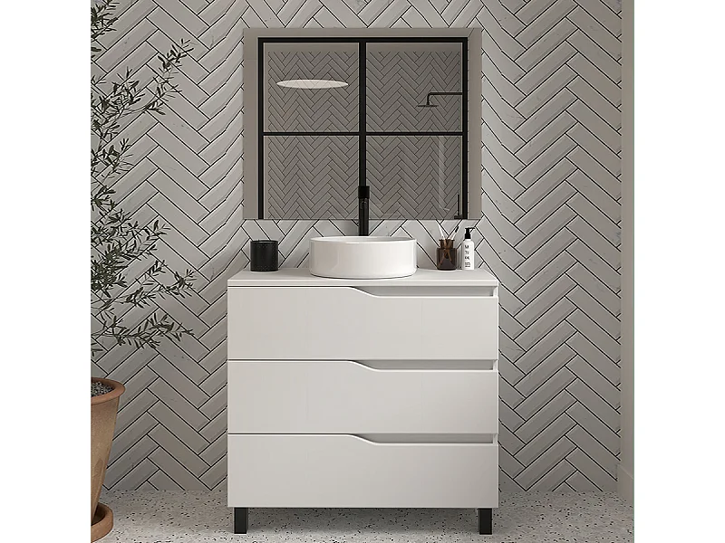 Meuble de salle de bain 80 avec plateau et vasque à poser - 3 tiroirs - blanc - MATA