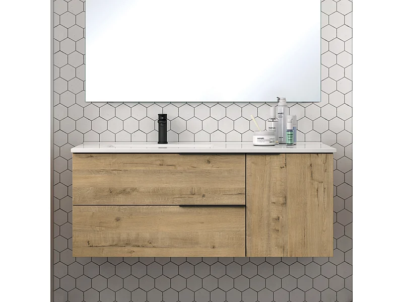 Meuble de salle de bain 120cm vasque deportée - 2 tiroirs - sans miroir - KING - Roble (chêne clair)