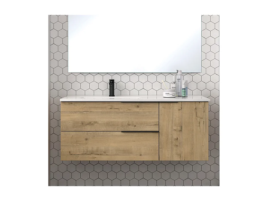 Meuble de salle de bain 120cm vasque deportée - 2 tiroirs - sans miroir - KING - Roble (chêne clair)