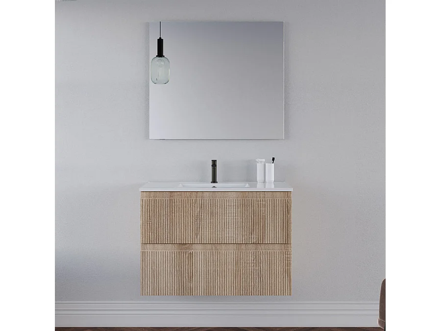 Meuble de salle de bain 70cm avec plan simple vasque - sans miroir - 2 tiroirs - cambrian (chêne clair) - RIBERA