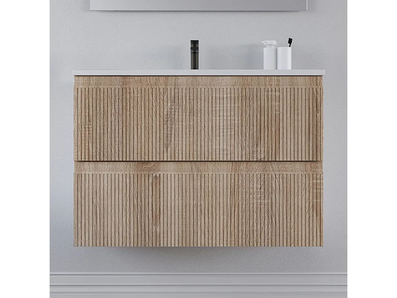 Meuble de salle de bain 70cm avec plan simple vasque - sans miroir - 2 tiroirs - cambrian (chêne clair) - RIBERA