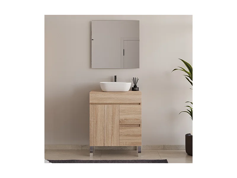 Meuble de salle de bain 80cm sur pieds avec plateau et une cuve à poser arrondie - portes et tiroirs - cambrian (chêne clair) - HARO