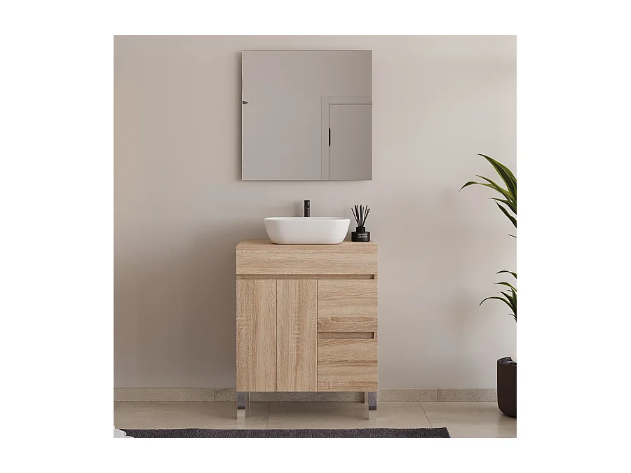 Meuble de salle de bain 80cm sur pieds avec plateau et une cuve à poser arrondie - portes et tiroirs - cambrian (chêne clair) - HARO