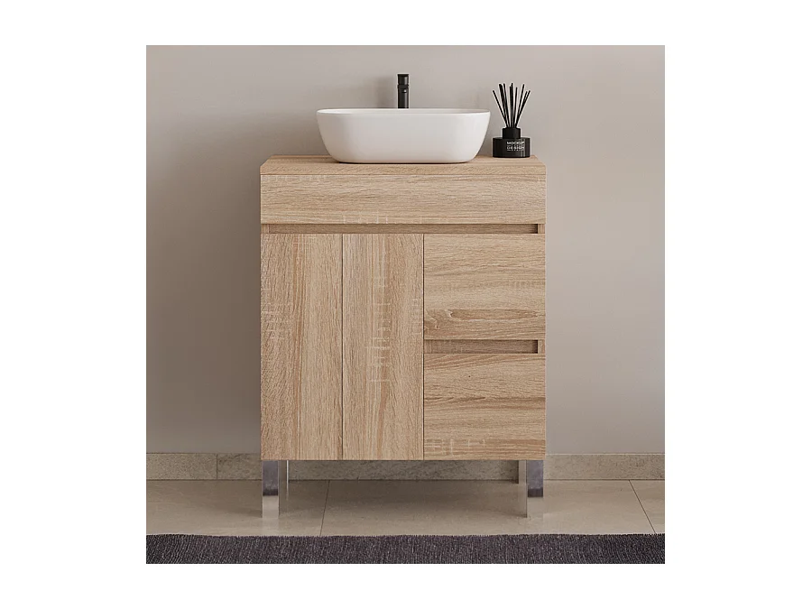 Meuble de salle de bain 80cm sur pieds avec plateau et une cuve à poser arrondie - portes et tiroirs - cambrian (chêne clair) - HARO