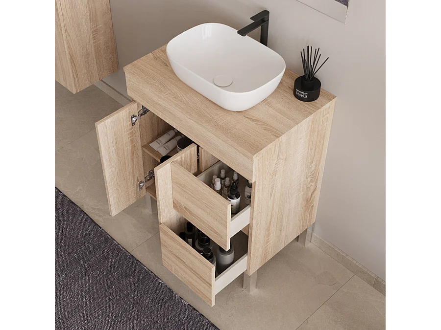 Meuble de salle de bain 80cm sur pieds avec plateau et une cuve à poser arrondie - portes et tiroirs - cambrian (chêne clair) - HARO