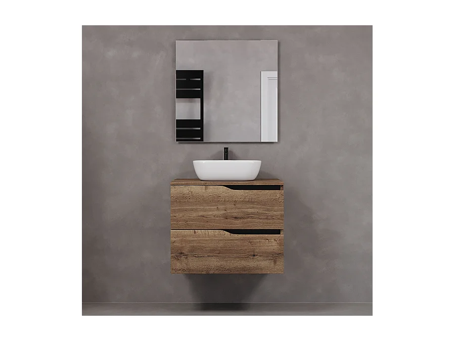 Meuble de salle de bain 70cm avec plateau et vasque à poser zeus - 2 tiroirs - tabaco (chêne foncé) - LUNA