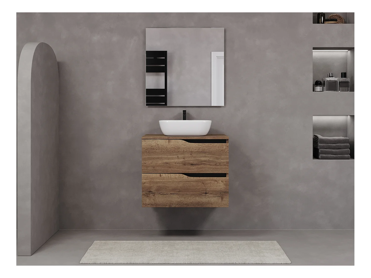 Meuble de salle de bain 70cm avec plateau et vasque à poser zeus - 2 tiroirs - tabaco (chêne foncé) - LUNA