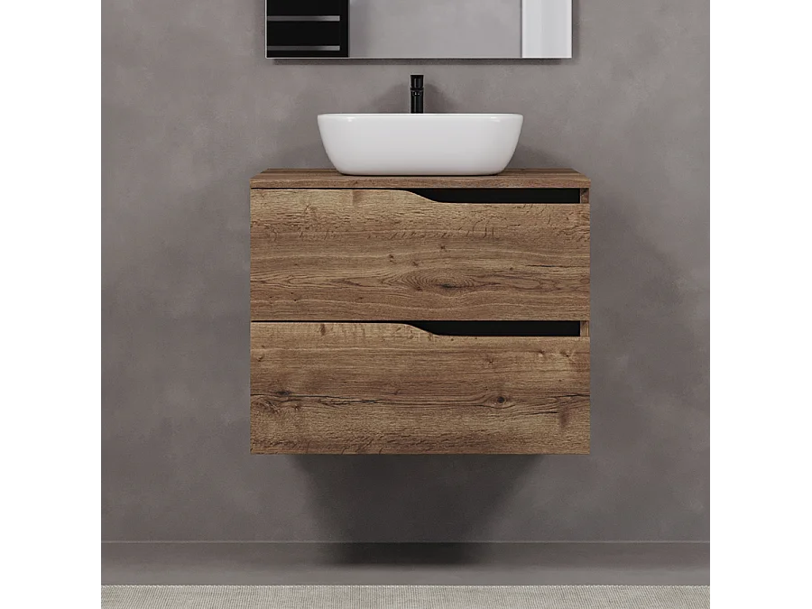 Meuble de salle de bain 70cm avec plateau et vasque à poser zeus - 2 tiroirs - tabaco (chêne foncé) - LUNA