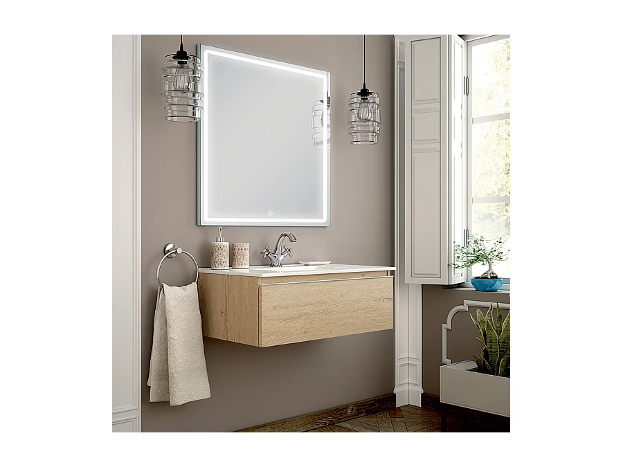 Meuble de salle de bain simple vasque - 1 tiroir - PENA et miroir Led VELDI - bambou (chêne clair) - 80cm