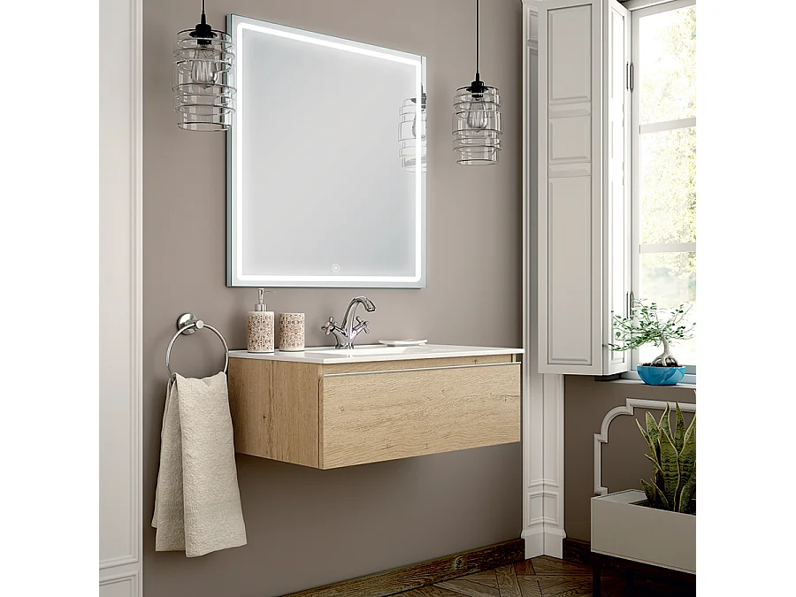 Meuble de salle de bain simple vasque - 1 tiroir - PENA et miroir Led VELDI - bambou (chêne clair) - 80cm