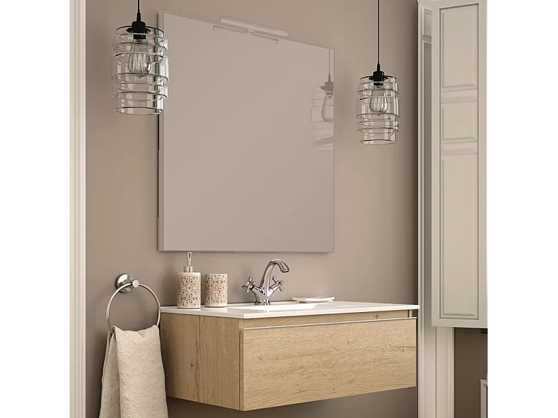 Meuble de salle de bain simple vasque - 1 tiroir - PENA et miroir Led VELDI - bambou (chêne clair) - 80cm