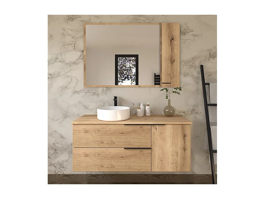 Meuble de salle de bain avec vasque à poser ronde et armoirette KING - Roble (chêne clair) - 120cm