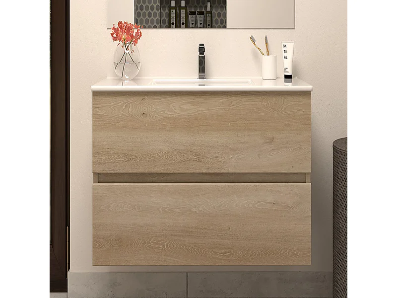 Meuble de salle de bain 60cm simple vasque - sans miroir - 2 tiroirs - nebraska (bois clair) - IDA