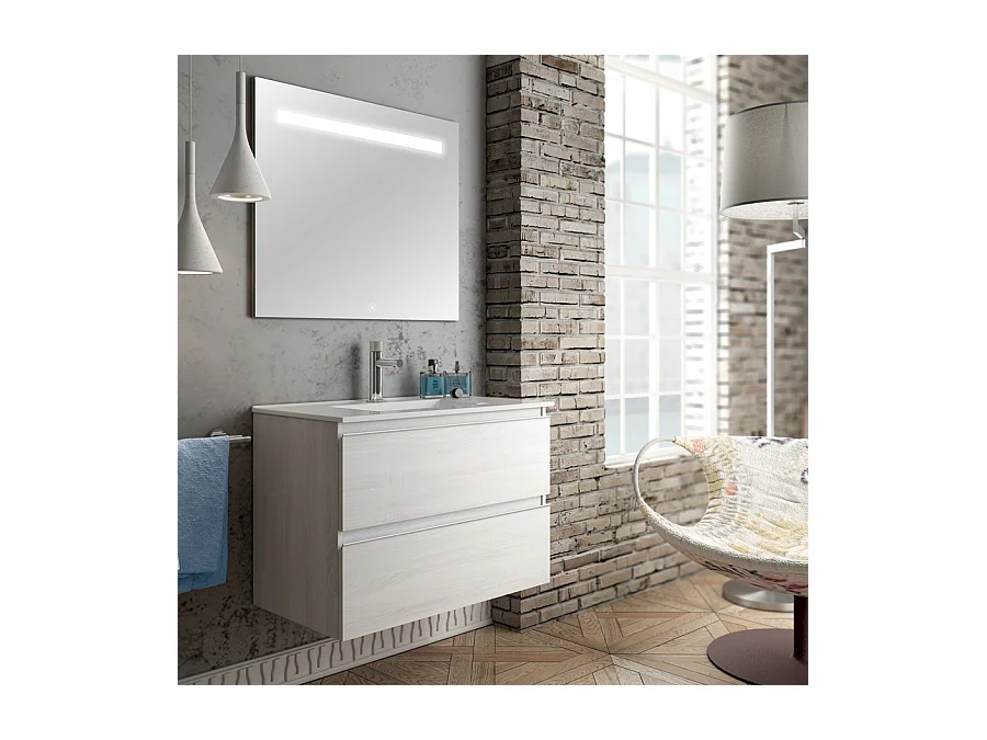 Meuble de salle de bain simple vasque - 2 tiroirs - BALEA et miroir Led STAM - hibernian (bois blanchi) - 60cm