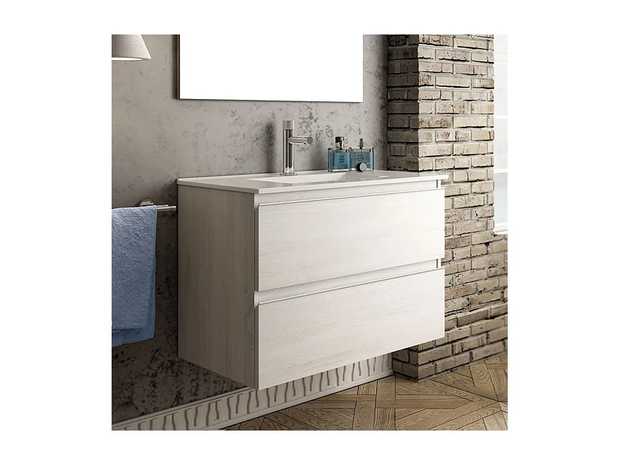 Meuble de salle de bain simple vasque - 2 tiroirs - BALEA et miroir Led STAM - hibernian (bois blanchi) - 60cm