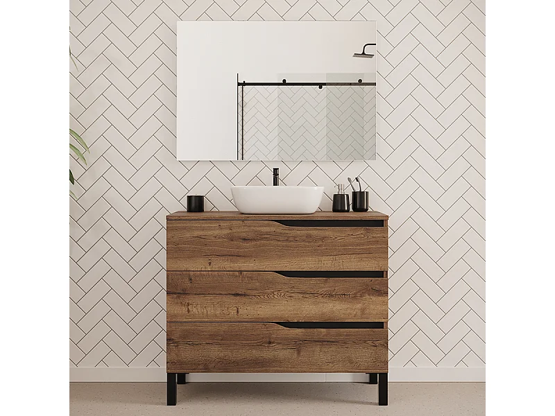Meuble de salle de bain 100cm avec plateau et vasque à poser zeus - 3 tiroirs - tabaco (chêne foncé) - MATA