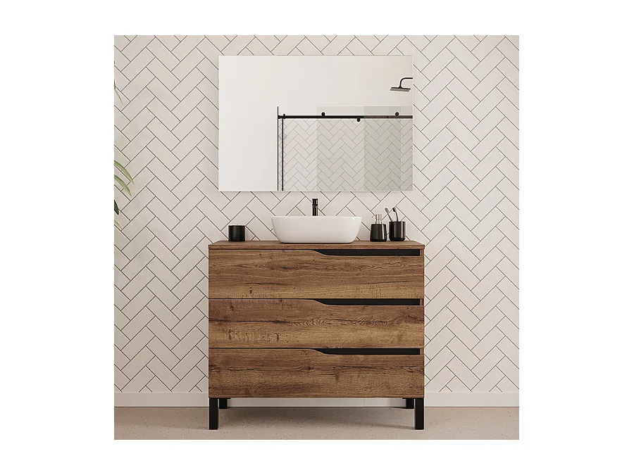 Meuble de salle de bain 100cm avec plateau et vasque à poser zeus - 3 tiroirs - tabaco (chêne foncé) - MATA