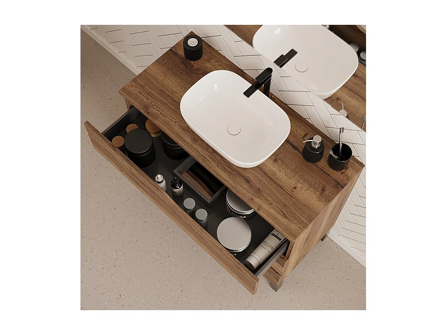 Meuble de salle de bain 100cm avec plateau et vasque à poser zeus - 3 tiroirs - tabaco (chêne foncé) - MATA