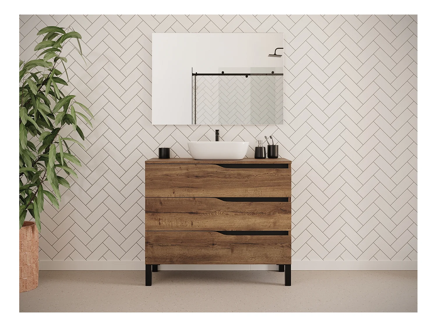 Meuble de salle de bain 100cm avec plateau et vasque à poser zeus - 3 tiroirs - tabaco (chêne foncé) - MATA