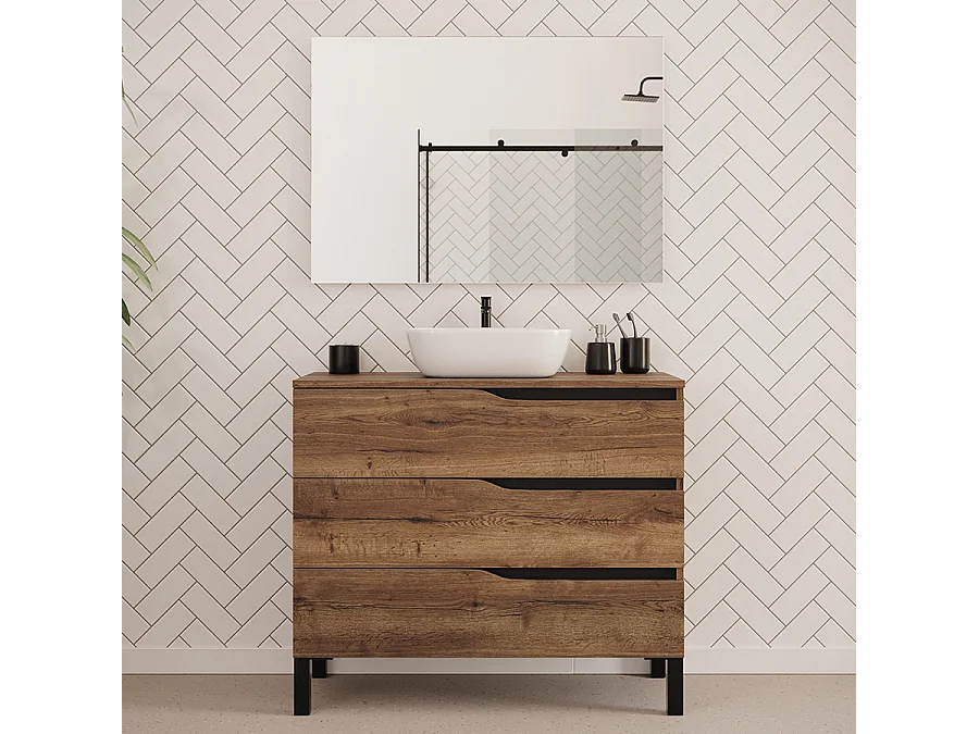 Meuble de salle de bain 100cm avec plateau et vasque à poser zeus - 3 tiroirs - tabaco (chêne foncé) - MATA