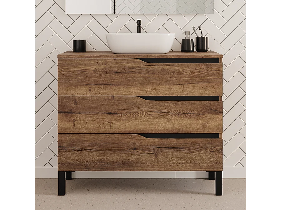 Meuble de salle de bain 100cm avec plateau et vasque à poser zeus - 3 tiroirs - tabaco (chêne foncé) - MATA