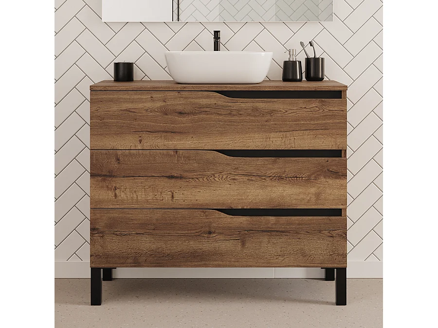 Meuble de salle de bain 100cm avec plateau et vasque à poser zeus - 3 tiroirs - tabaco (chêne foncé) - MATA