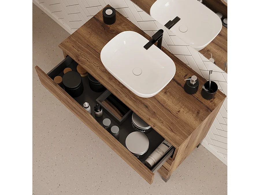Meuble de salle de bain 100cm avec plateau et vasque à poser zeus - 3 tiroirs - tabaco (chêne foncé) - MATA