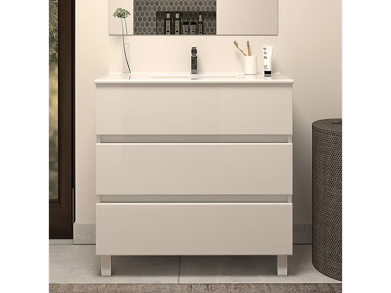 Meuble de salle de bain 60cm simple vasque - sans miroir - 3 tiroirs - blanc - MAYOR