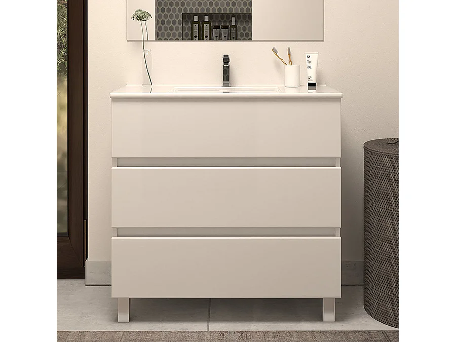 Meuble de salle de bain 60cm simple vasque - sans miroir - 3 tiroirs - blanc - MAYOR