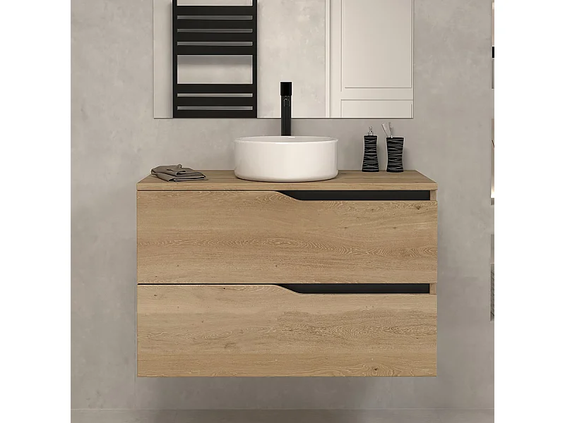 Meuble de salle de bain 80 avec plateau et vasque à poser - sans miroir - 2 tiroirs - madera miel (bois clair) - LUNA