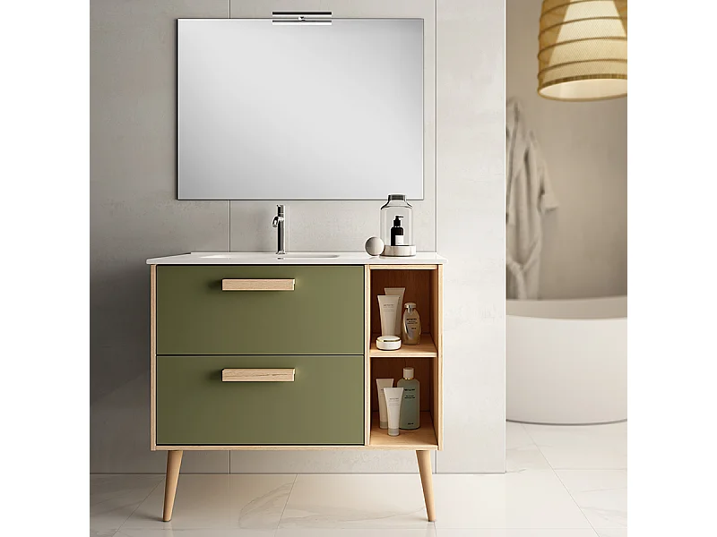 Meuble de salle de bain 80cm vasque déportée - 2 tiroirs - MALIA - vert olive