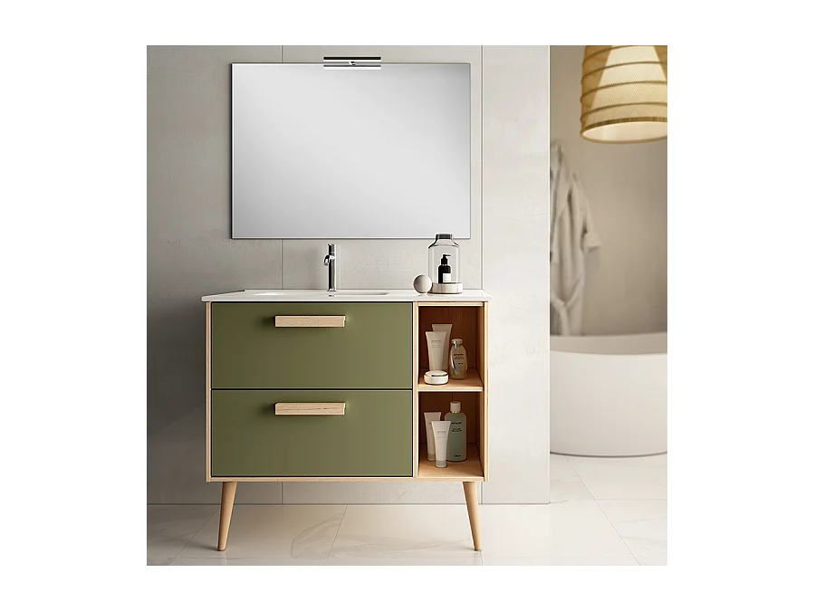 Meuble de salle de bain 80cm vasque déportée - 2 tiroirs - MALIA - vert olive