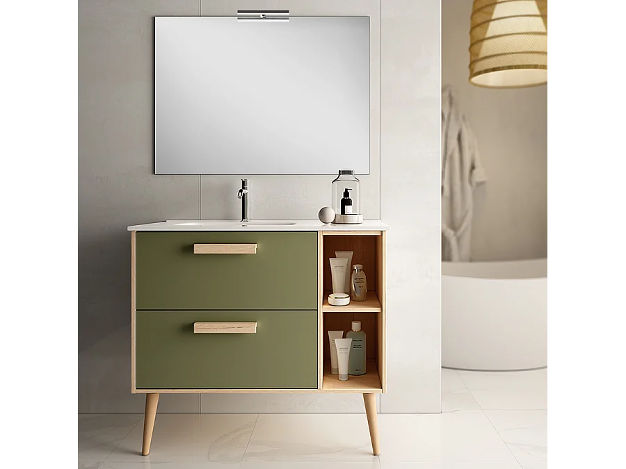 Meuble de salle de bain 80cm vasque déportée - 2 tiroirs - MALIA - vert olive