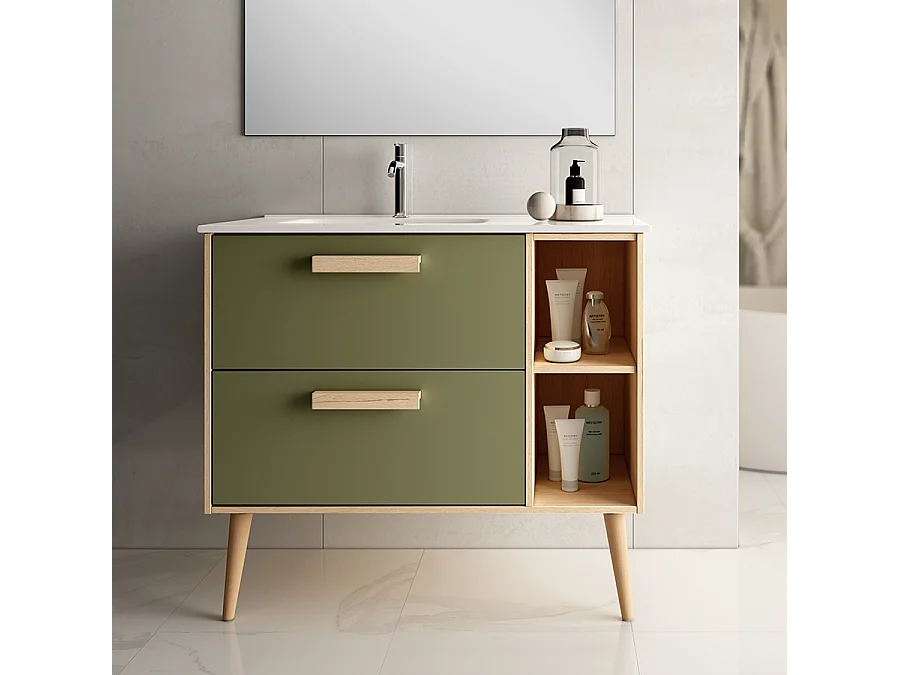 Meuble de salle de bain 80cm vasque déportée - 2 tiroirs - MALIA - vert olive