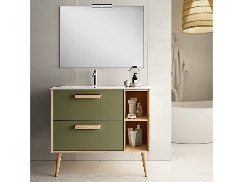 Meuble de salle de bain 80cm vasque déportée - 2 tiroirs - MALIA - vert olive
