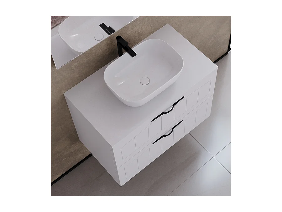 Meuble de salle de bain 60cm avec plateau et vasque à poser ovales - 2 tiroirs - sans miroir - blanc - PIA