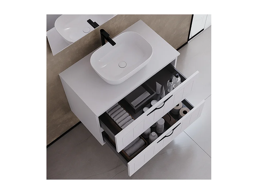 Meuble de salle de bain 60cm avec plateau et vasque à poser ovales - 2 tiroirs - sans miroir - blanc - PIA