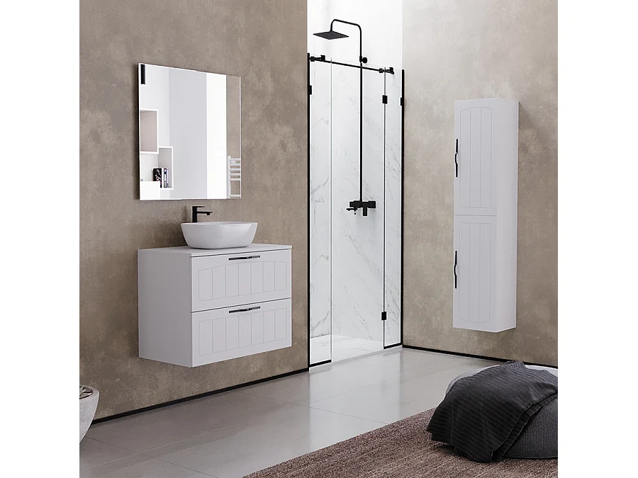 Meuble de salle de bain 60cm avec plateau et vasque à poser ovales - 2 tiroirs - sans miroir - blanc - PIA