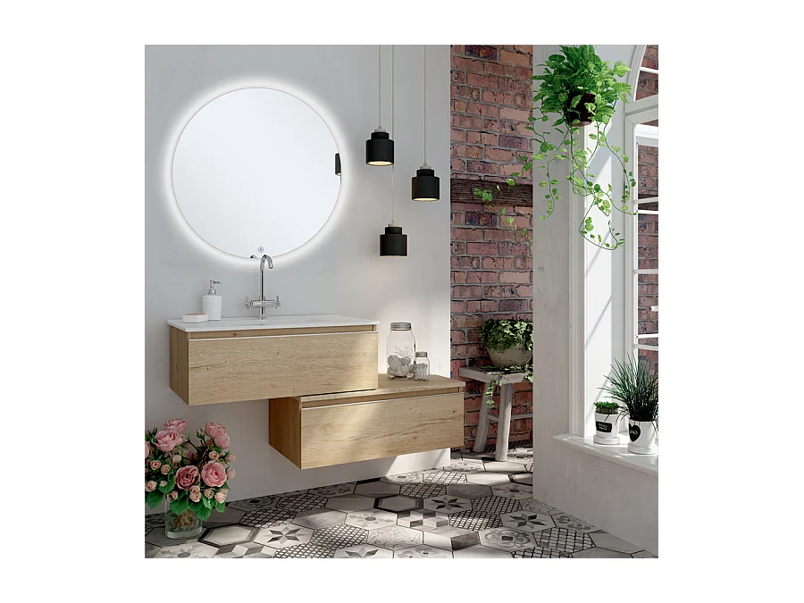Meuble de salle de bain simple vasque -  2 tiroirs - PENA et miroir rond Led SOLEN - bambou (chêne clair) - 120cm