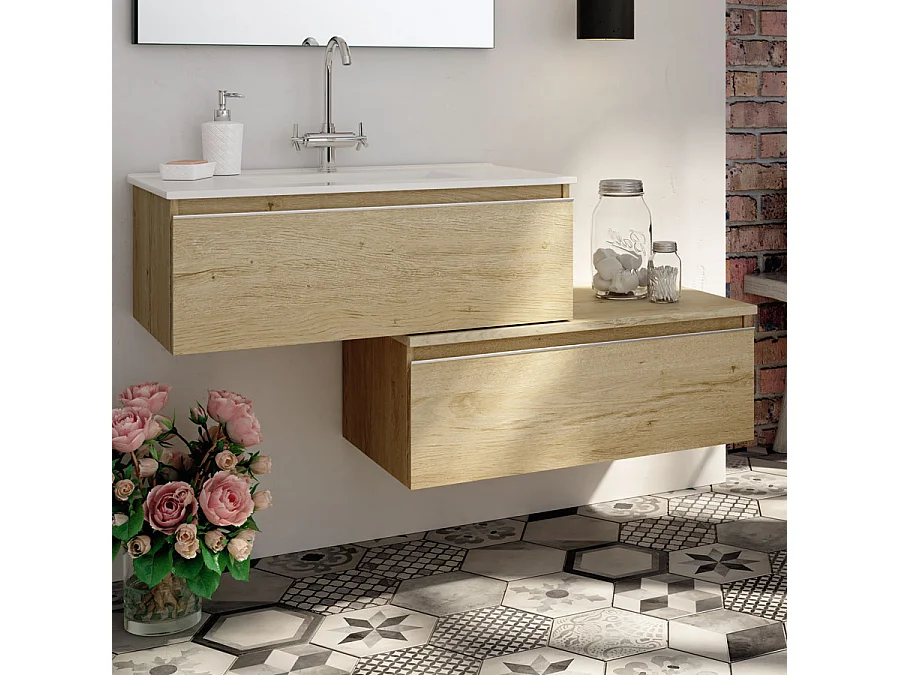 Meuble de salle de bain simple vasque -  2 tiroirs - PENA et miroir rond Led SOLEN - bambou (chêne clair) - 120cm