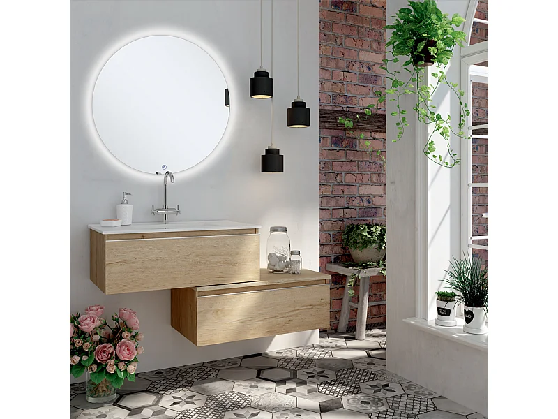 Meuble de salle de bain simple vasque -  2 tiroirs - PENA et miroir rond Led SOLEN - bambou (chêne clair) - 120cm