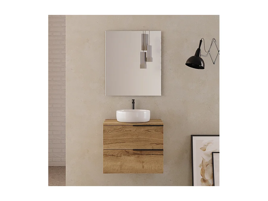 Meuble de salle de bain 60cm avec vasque à poser ronde - 2 tiroirs - roble (chêne clair) - KING