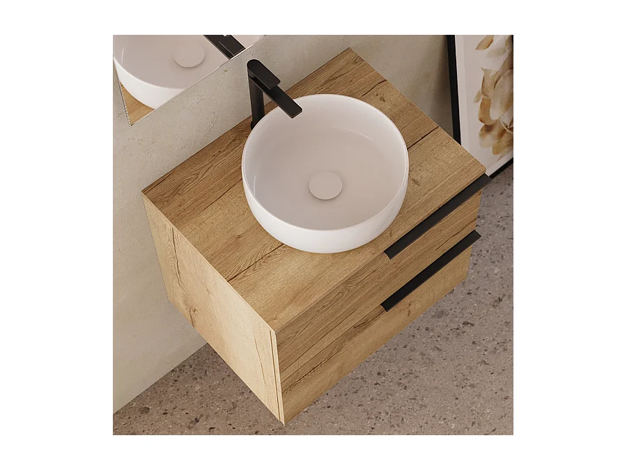 Meuble de salle de bain 60cm avec vasque à poser ronde - 2 tiroirs - roble (chêne clair) - KING