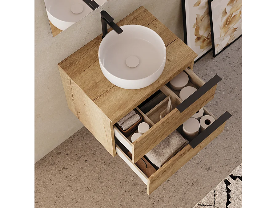Meuble de salle de bain 60cm avec vasque à poser ronde - 2 tiroirs - roble (chêne clair) - KING