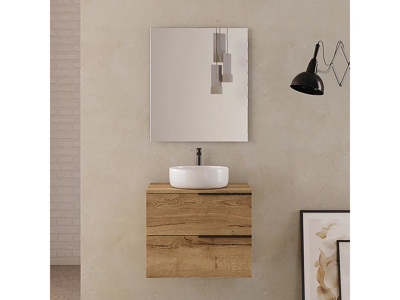 Meuble de salle de bain 60cm avec vasque à poser ronde - 2 tiroirs - roble (chêne clair) - KING