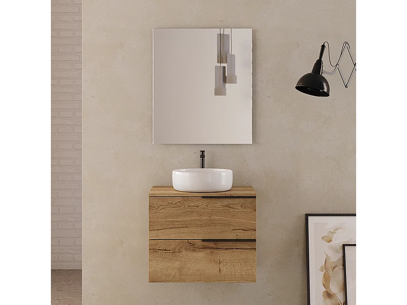 Meuble de salle de bain 60cm avec vasque à poser ronde - 2 tiroirs - roble (chêne clair) - KING