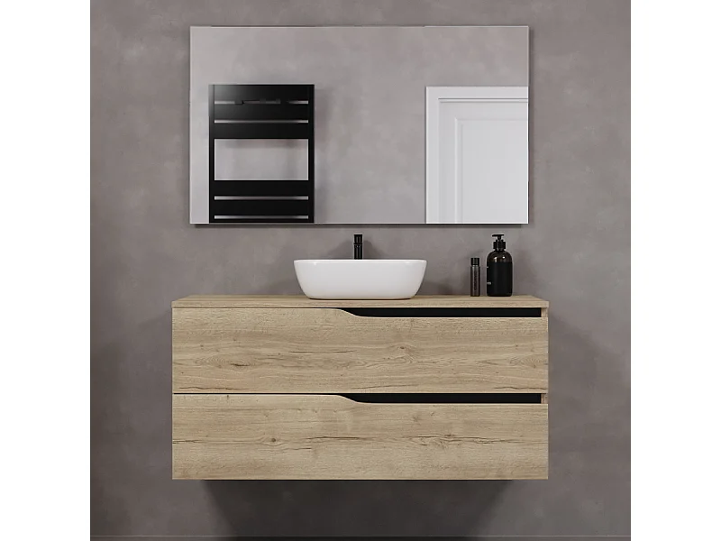 Meuble de salle de bain 120cm avec plateau et vasque à poser zeus - 2 tiroirs - madera miel (chêne clair) - LUNA