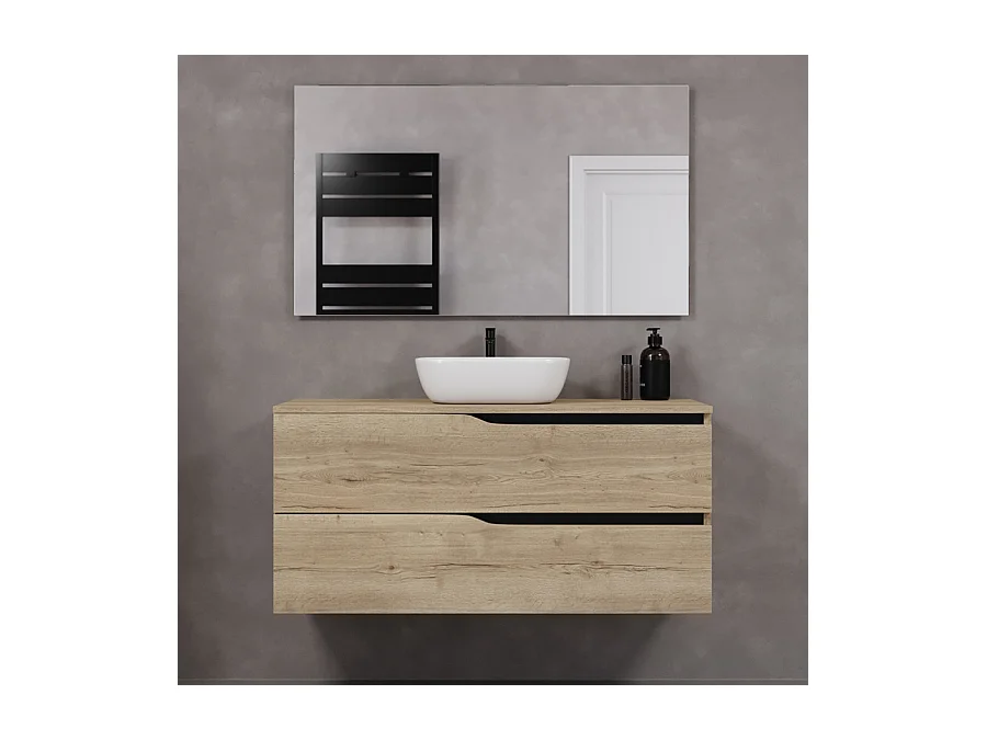 Meuble de salle de bain 120cm avec plateau et vasque à poser zeus - 2 tiroirs - madera miel (chêne clair) - LUNA