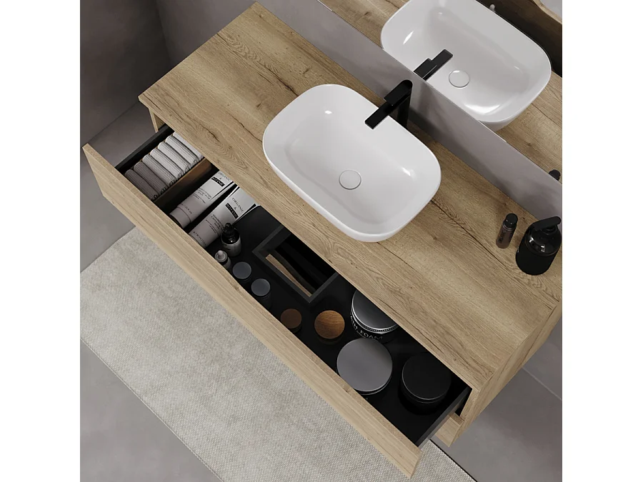 Meuble de salle de bain 120cm avec plateau et vasque à poser zeus - 2 tiroirs - madera miel (chêne clair) - LUNA