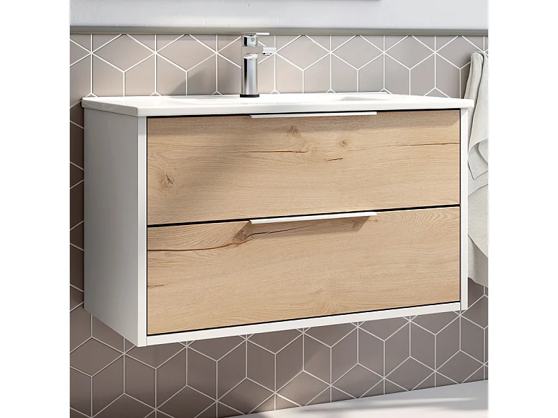 Meuble de salle de bain 80cm simple vasque - 2 tiroirs - sans miroir - ALBA - blanc/roble